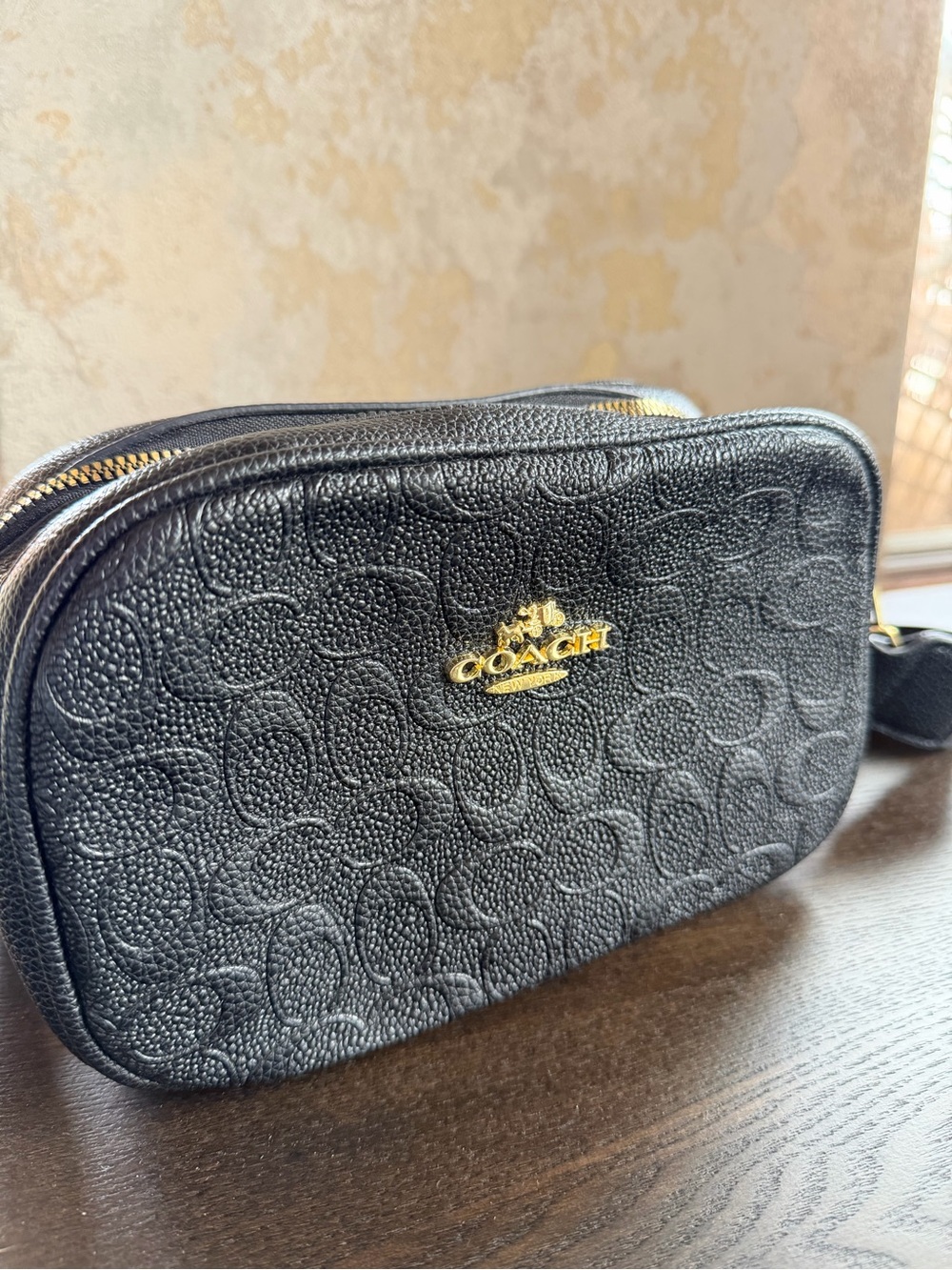 Coach Black Embossed Signature Crossbody Camera Bag with Gold Hardware